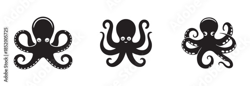 Set of three cute cartoon octopus silhouettes with suckers on tentacles for marine artwork