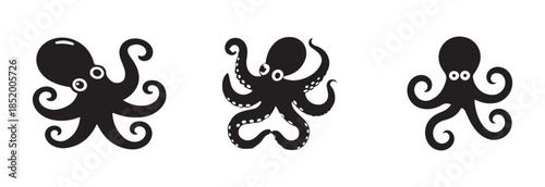 Collection of flat black octopus designs featuring cute eyes and curly tentacles in different styles