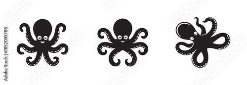 Modern silhouette of octopus with prominent eyes and wavy arms showcasing eight distinct appendages