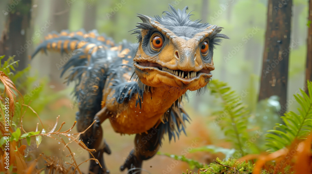 Obraz premium A dinosaur moves through a dense forest filled with tall trees and ferns. The atmosphere is misty and the scene is bright. The dinosaur has striking features and an active stance