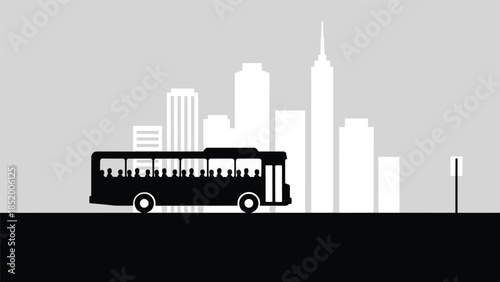 City Public Transportation Bus Silhouette with Passengers Driving on Road Against Urban Skyline Buildings and Skyscraper Background for Vector Graphic Design