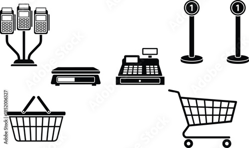 Collection of retail shopping equipment silhouettes including cash register shopping cart basket payment terminals and store checkout counter for graphic design