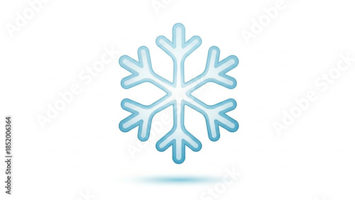 Large blue snowflake with six fold symmetry on white background with subtle shadow effect, winter weather icon
