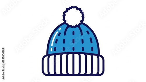 Vibrant blue winter beanie with white pom pom and ribbed cuff isolated on white background