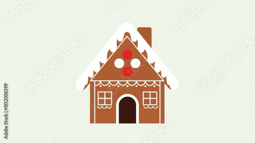 Charming gingerbread house with snow on roof and red and white icing decorations on cream background