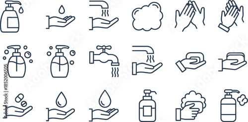 Collection of eighteen linear hygiene icons featuring hand washing, soap dispenser, water faucet, sanitizer drop, foam, and cleanliness symbols.
