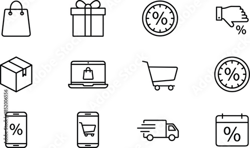 Collection of linear shopping icons including cart bag gift box delivery truck and discount percent signs for retail commerce