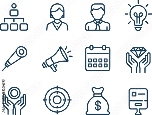 Collection of minimal business line icons featuring management marketing finance and strategy symbols for web and app design.