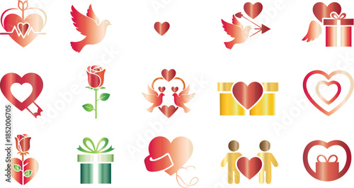 Colorful Valentine's Day with hearts, roses, doves, and gift boxes