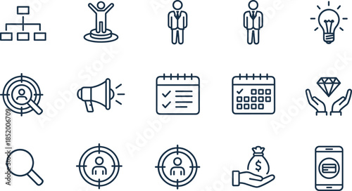 Set of fifteen linear business icons featuring management, strategy, human resources, marketing, finance, success, planning, and innovation symbols