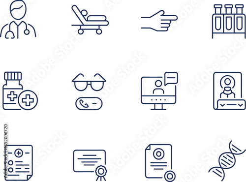 Set of linear medical icons featuring doctor dna test tubes medicine bottle and hospital bed for healthcare design