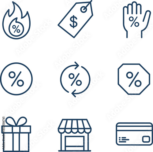 Set of nine linear icons featuring shopping, discounts, hot sales, gift boxes, price tags, store, and credit cards