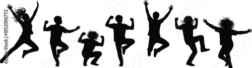 Group of Happy Diverse People Jumping in Celebration Vector Silhouette Illustration Featuring Men and Women in Energetic Poses for Joyful Success Designs