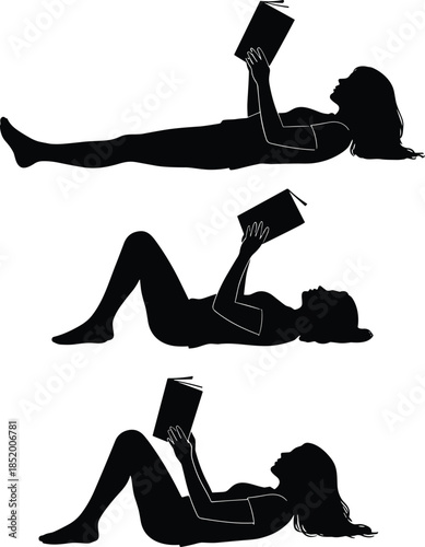Large collection of black silhouettes featuring men and women reading books in various poses like sitting on chairs floor and beanbags