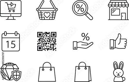 Set of twelve blue line art vector icons for online shopping, e-commerce, retail, discount, payment, and customer service.