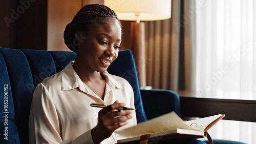 Smiling Black woman writing in a notebook on a blue couch in a professional setting