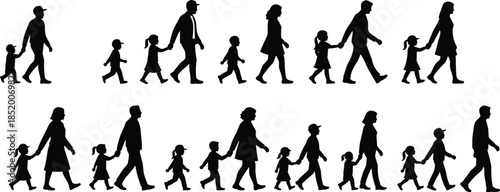 Large Set of Diverse People and Families Walking Silhouettes Including Parents Holding Hands with Children for Outdoor Lifestyle Graphic Design