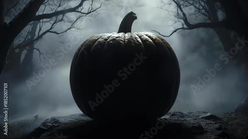 Spooky Jack O Lantern in Dark Forest.