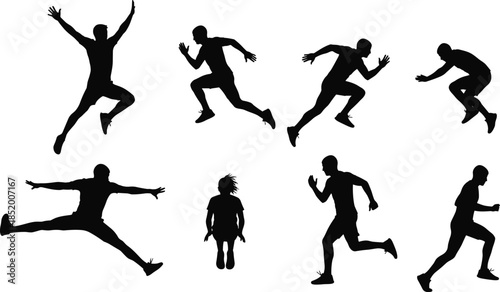 Set of Dynamic Male Athlete Silhouettes in High Energy Motion Poses Including Running Jumping Sprinting and Stretching for Professional Sports Design
