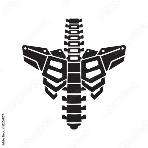 Abstract futuristic mechanical spine vector illustration. Black and white cybernetic armor backbone design with geometric vertebrae shapes.
