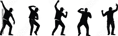 Set of Energetic Male Street Dancer Silhouettes in Action Poses Wearing Casual Hip Hop Apparel Isolated on White Background Vector