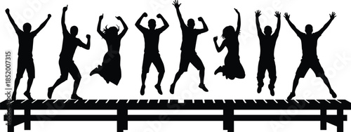 Silhouette of a Diverse Group of Happy People Jumping and Cheering in Celebration on a Wooden Pier Against a White Background