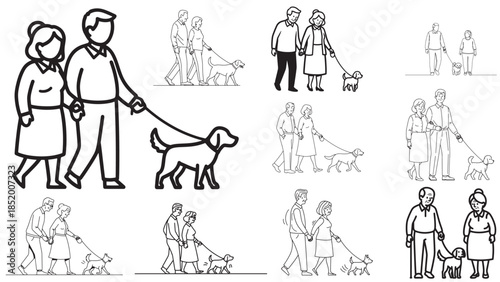 Senior elderly couple walking their pet dog together in the park, minimalist line art vector illustration collection of retirees enjoying active outdoor lifestyle and companionship