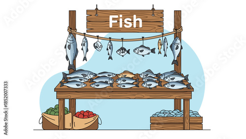 Hand-drawn vector illustration of a traditional outdoor fish market stall with a variety of fresh seafood on display for sale.