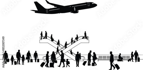 Silhouette of busy airport terminal with passengers carrying luggage on escalators and walking under a large commercial airplane taking off