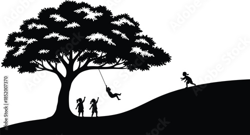 Silhouette of Children Playing and Swinging Under a Large Leafy Tree on a Grassy Hillside Outdoor Nature Scene Vector Illustration