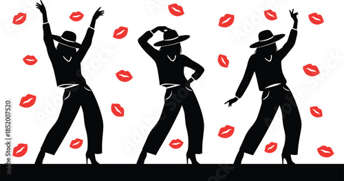 Vector Silhouette of Stylish Women Dancing in Hats Surrounded by Red Lip Prints Isolated on White Background for Fashion Design