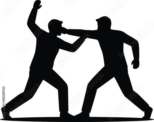 Vector Silhouette of Two Men Fighting with One Man Punching the Other in a Street Brawl Isolated on White Background