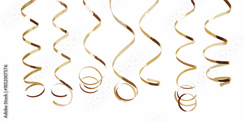 Golden streamers hanging against a white background party decorations and celebratory elements