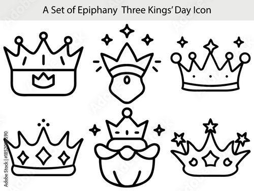 A Set of Outline Icons Featuring Crowns and Jewels for Epiphany and Three Kings' Day Three Kings Day