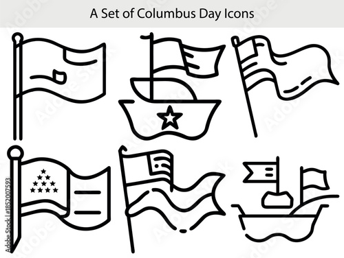 A Set of Outline Icons Representing Ships and Flags for Columbus Day Celebrations vector illustration