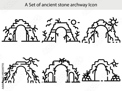 Set of Ancient Stone Archway Icons with Natural Elements vector illustration