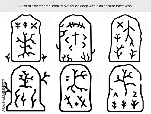 Set of ancient weathered stone tablet icons with carved symbols and roots vector illustration