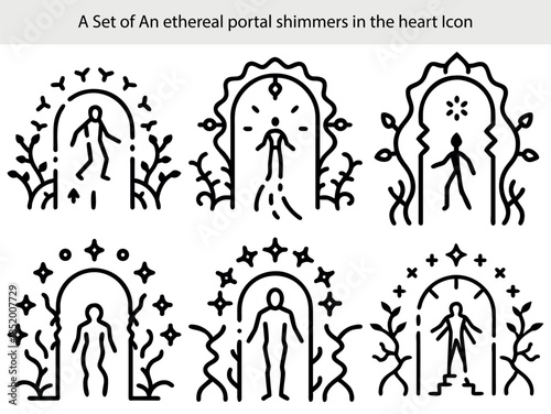 Set of Ethereal Portal Icons with Figures and Floral Elements gateway
