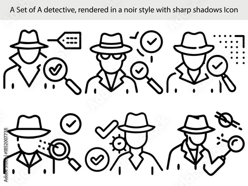 Set of Noir Detective Icons with Magnifying Glass and Checkmarks vector illustration