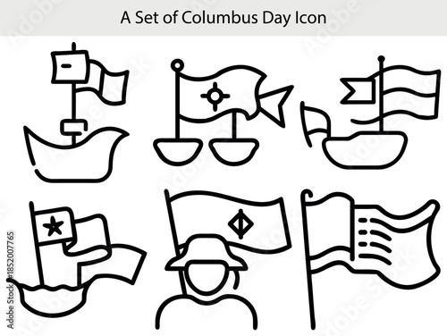 Set of six line art icons representing ships and a sailor for Columbus Day boat