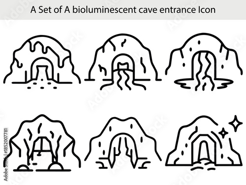 Set of six outline icons depicting bioluminescent cave entrances with water and glowing elements