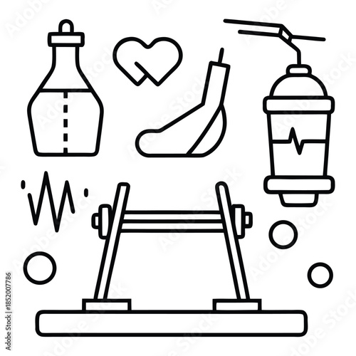 Fitness icons, including dumbbells, a water bottle, and a heart rate monitor