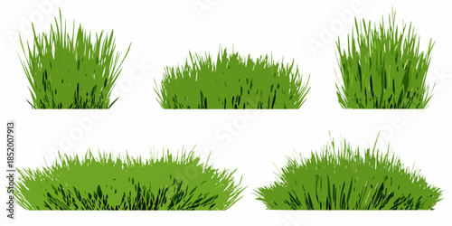 Collection of vibrant green grass patches isolated on a white background