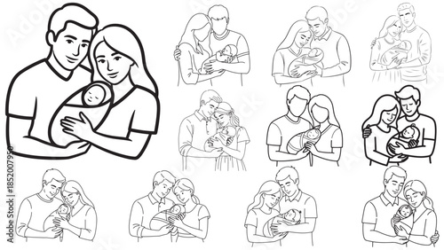 Happy new parents holding their newborn baby together with care and love, minimalist line art vector collection for parenthood, childhood, and family connection concepts