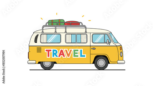 Yellow retro-style hippie travel van with luggage on the roof, ready for a fun road trip adventure, isolated on a white background.