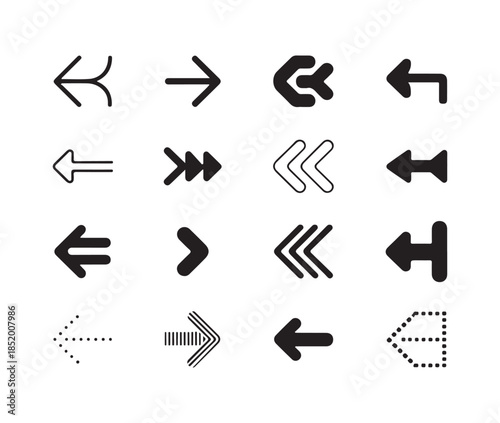 Pack of stylized black and white arrow symbols showing different movement types for application elements