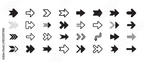 Large assortment of right facing arrow graphics in various filled outline and patterned styles for buttons