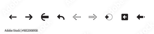 Set of diverse directional arrows including solid outline dotted and filled types for digital media interaction