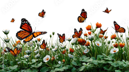 Butterflies Fluttering in Garden: A scene of colorful butterflies gracefully fluttering above a vibrant field of flowers and lush green vegetation.