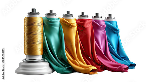 Colorful Textile display: A collection of spools, each adorned with a vibrant silk fabric, creating a dazzling array of colors, perfect for a fashion-themed composition. 